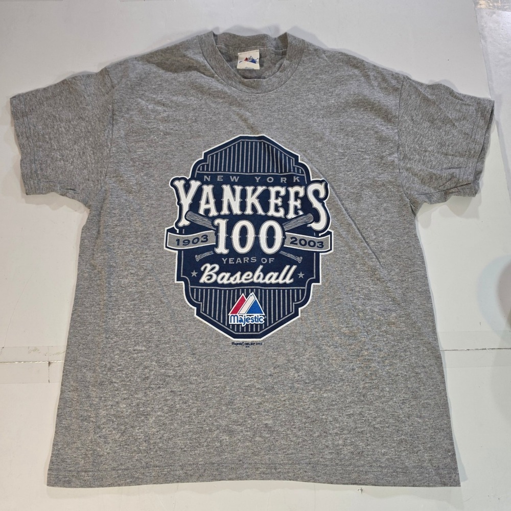 Majestic New York Yankees 100 Years of Baseball T-Shirt Gray XL 1903-2003 MLB